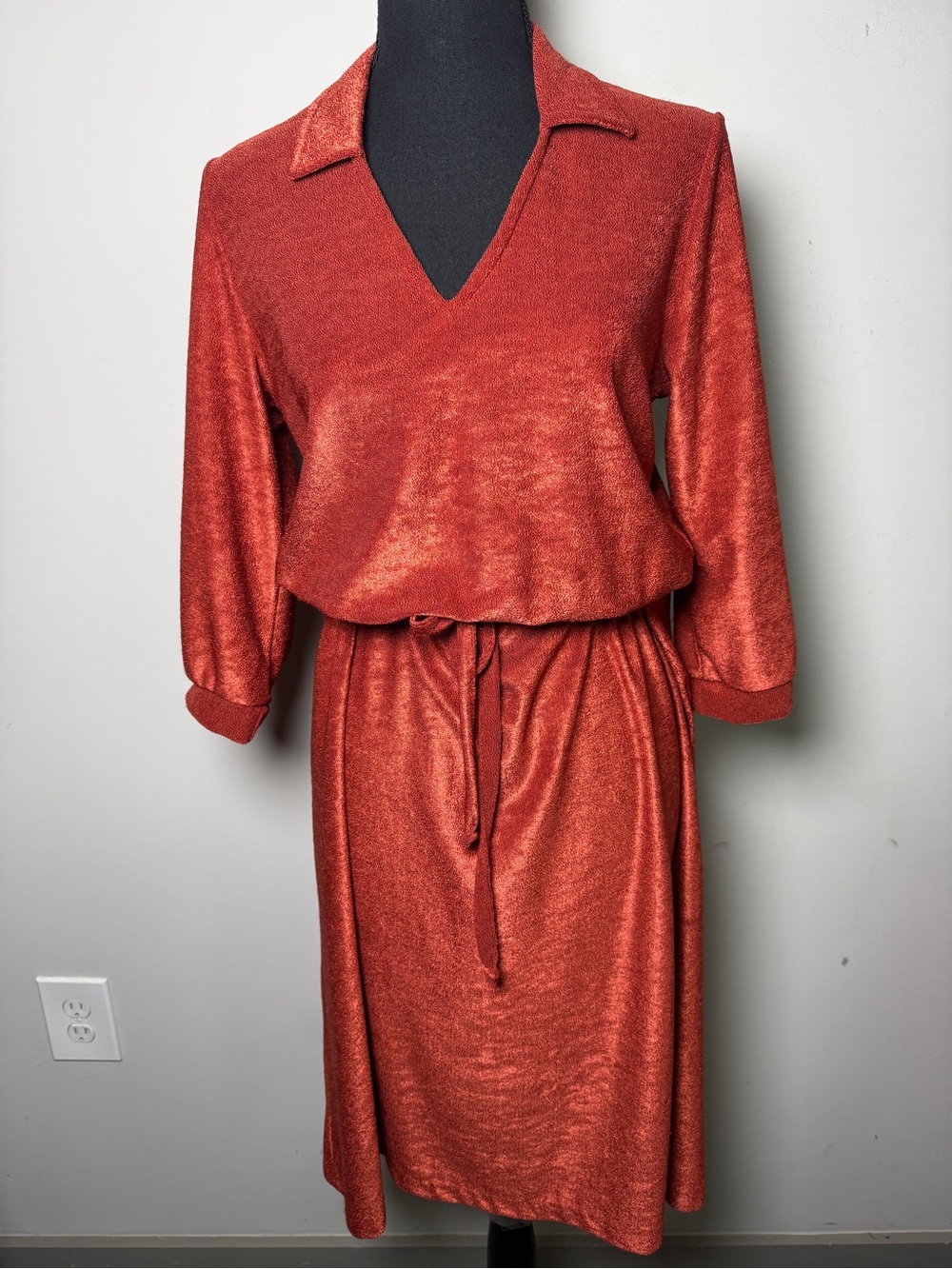 Vintage Nikki Terry Blouson Disco Midi Dress Collared V-Neck Rust Sz 11/12